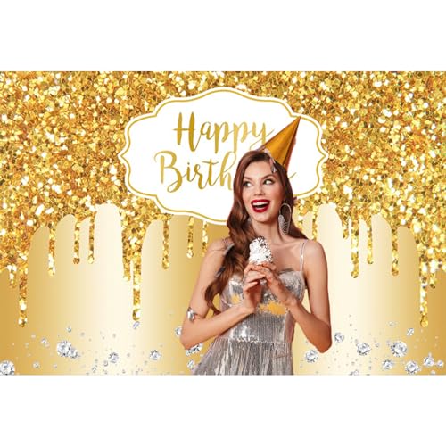 12x8ft Gold Happy Birthday Backdrop Modern Luxury Glitter Diamond Photography Background for Women Girls Sweet Princess Birthday Party Bridal Shower Decor Banner Supplies Photo Booth Props