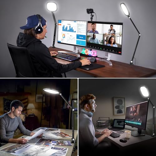 2 Packs Video Conference Light for Computer, 15W LitONES Desk Light for Zoom Calls Meeting with C-Clamp & Metal Swing Arm, Podcast Lighting Kit with Remote, Memory & Timing CRI＞95 - color: Black-2 packs