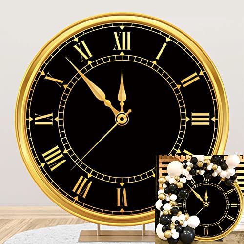 Polyester 7.2x7.2ft 2026 Happy New Year Round Backdrop Cover Luxury Black and Gold Clock Photography Background for New Year Eve Party New Year's Countdown Kids Adults Family Portrait Props - color: Black,Gold, size: 7.2x7.2ft-Diameter