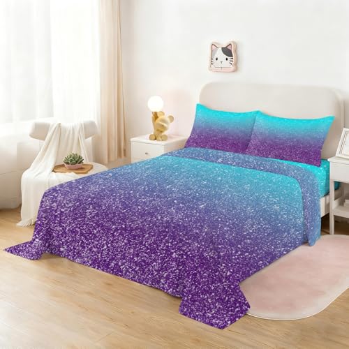 Blue Purple Fitted Sheet Set Queen Size Galaxy Sheet for Bedroom Kids Soft Microfiber 4-Piece Cartoon Sheet Set 1 Fitted Sheet+1 Flat Sheet+2 Pillowcases Glitter Bedding Set - color: Blue and Purple, size: Queen