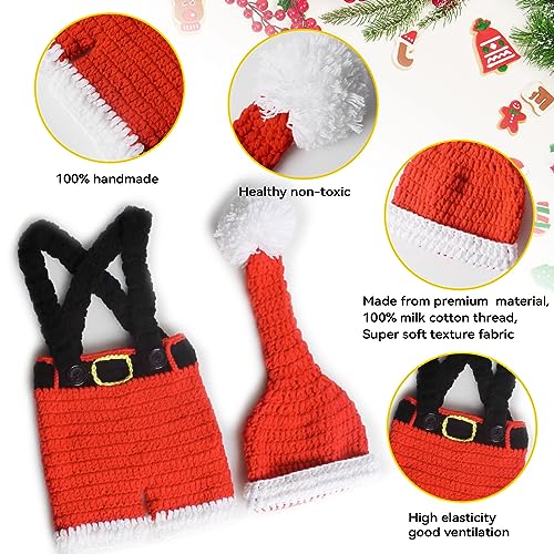AIXIANG Hand-Knit Newborn Christmas Photo Prop Set - Santa Hat & Overalls (Fits 0-2 Months/Up to 12 lbs) - Stretchy Knit for Baby's First Christmas Pictures