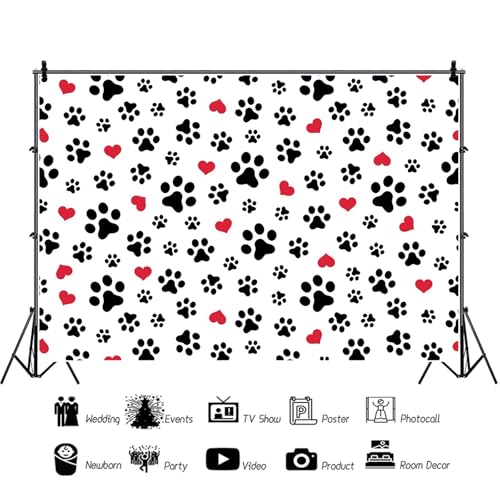 Renaiss 9x6ft Pet Paw Backdrop Cat Dog Footprints Photography Background Love Hearts Pet Dog Cat Paw Print Banner Let's Paw-ty Birthday Baby Shower Pet Themed Party Decors Pets Photo Booth Props - color: Paw378, size: 9x6ft