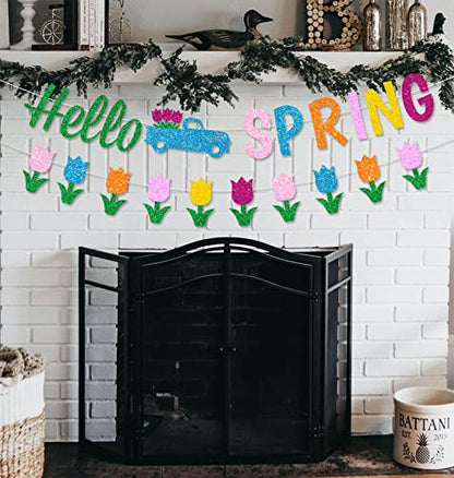 Glitter Hello Spring Banner with Tulip Truck Signs and Colorful Glittery Tulips Banner Hello Spring Flowers Garland Easter Birthday Party Fireplace Mantle Decorations