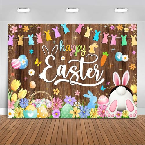 Mocsicka Spring Happy Easter Backdrop Easter Rustic Wooden Wall Photo Banner Colorful Bunny Rabbit Easter Eggs Floral Grass Easter Party Decorations Background Photo Booth Props (10x8ft (120x96 inch)) - size: 10x8ft (120x96 inch)