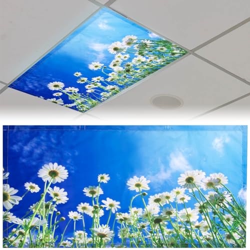 Patelai 4 x 2 Feet Fabric Fluorescent Light Cover for Ceiling Classroom Magnetic Cubicle Shade with 10 Magnets Fluorescent Light Filters for School Home Office Drop Lamp Decor(Chamomile) - style: Chamomile