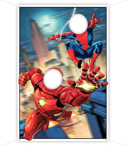 Comic Superhero Backdrop 3.3 x 5 ft, Super Hero Face Cutout Photo Props, Cityscape Comic Book Photography Background, Superhero Birthday Party Decoration Kids Photo Booth Props
