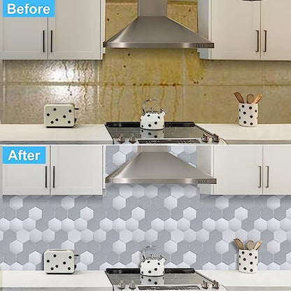 New Upgrade Premium Hexagon Peel and Stick Tile Backsplash，Matte Grey Waterproof Stick on Backsplash, Self-Adhesive Marble Tiles for Kitchen,Bathroom and Bedroom，10-Sheet. - color: Matte and Glossy Grey