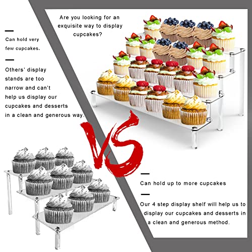 Acrylic Stands for Display, 4 Tier Clear Display Stand Risers Shelf for Cupcakes Perfumes Figurines, Tabletop Cupcake Stand for Decorating & Organizing (16" x 12.4" x 7.7")