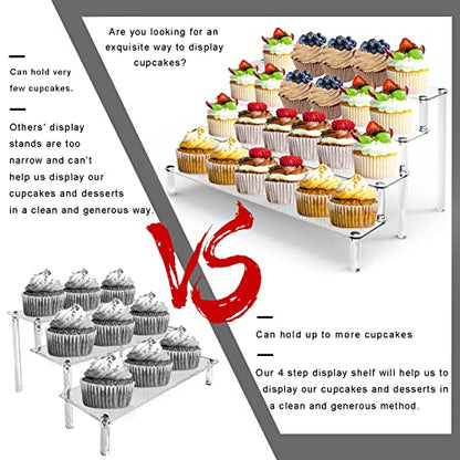 Acrylic Stands for Display, 4 Tier Clear Display Stand Risers Shelf for Cupcakes Perfumes Figurines, Tabletop Cupcake Stand for Decorating & Organizing (16" x 12.4" x 7.7")