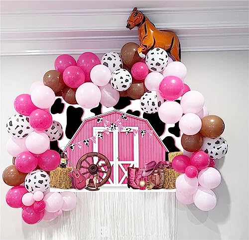 7x5ft Cowgirl Backdrop Cow Print Backdrops Pink Barn Background Straw Barn Door Wood Background Western Country Farm Women Birthday Party Photo Booth Prop - size: 210x150cm(WxL)