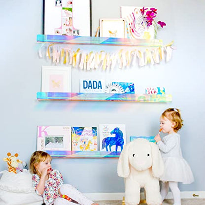 36 inches Iridescent Acrylic Floating Shelf,Wall Mounted Kids Bookshelf, Display Book Shelves for Kids Nursery Toddler Classroom 2 Packs - color: 36in-iridescent