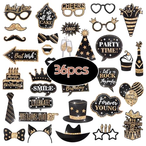 cobee 36 Pack Birthday Photo Booth Props Kit, Happy Birthday Party Favors Selfie Supplies Funny Bday Photobooth Prop with Sign Decorations for Wedding Holiday Christmas New Year, Gold-Black
