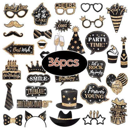 cobee 36 Pack Birthday Photo Booth Props Kit, Happy Birthday Party Favors Selfie Supplies Funny Bday Photobooth Prop with Sign Decorations for Wedding Holiday Christmas New Year, Gold-Black