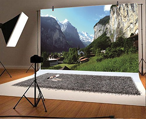 Leyiyi 10x8ft Natural Scenery Photography Background Switzerland Alps Backdrop Lauterbrunnen Valley North European Travel Countryside Building Forest Photo Portrait Vinyl Video Studio Prop - size: 10x8ft