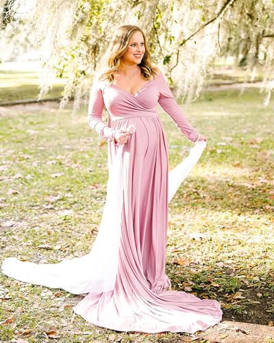 Saslax Maternity Off Shoulders Half Circle Gown for Baby Shower Photo Props Dress - color: Mauve 64, size: Large