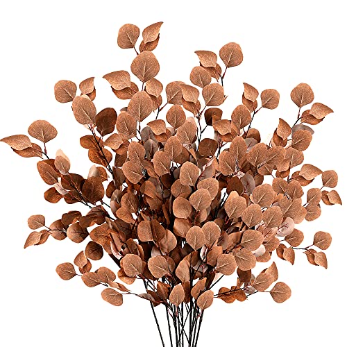 Sggvecsy 6 Pcs Fall Artificial Eucalyptus Stems Long Silver Dollar Leaves Fake Silk Eucalyptus Leaf Branches for Indoor Home Autumn Festival Thanksgiving Decor(Dark Brown) - color: Dark Brown