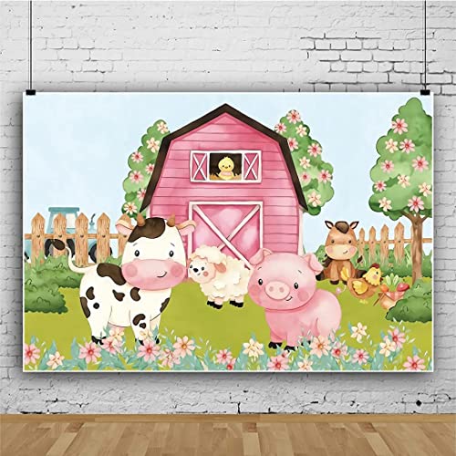 5x4ft Cartoon Farm Animals Party Backdrop Pink Barn Girl Baby Shower Birthday Photography Background Farmland Animals Cows Pigs Barnyard Backdrop Banner Cake Table Decoration Photo Booth Props - size: 5x4ft