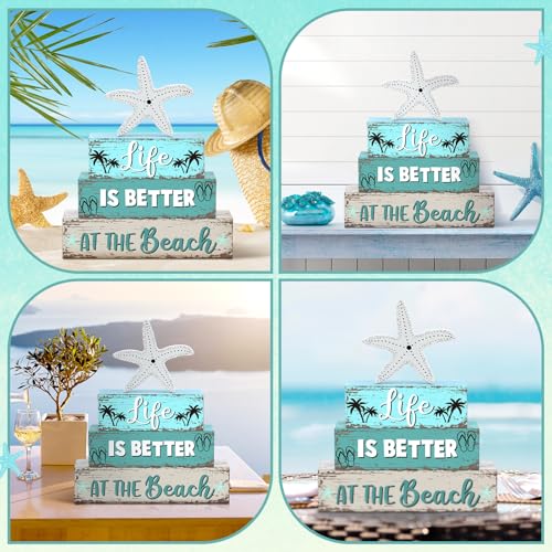 Geelin 4 Pcs Summer Table Decorations Ocean Life Better Wooden Block Signs Beach Theme Starfish Palm Slipper Tabletop Centerpieces Farmhouse Tiered Tray Decor for Home Table Kitchen Shelf - style: Ocean