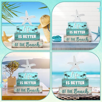 Geelin 4 Pcs Summer Table Decorations Ocean Life Better Wooden Block Signs Beach Theme Starfish Palm Slipper Tabletop Centerpieces Farmhouse Tiered Tray Decor for Home Table Kitchen Shelf - style: Ocean