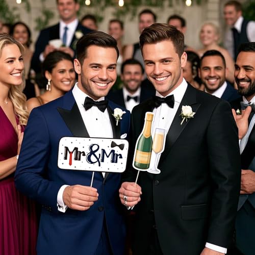 Mr & Mr Photo Booth Props, Men Gay Wedding Photoshoot Groom to Be Bachelor Party Photography Props Favor Centerpiece Sticks Decorations 18 PCS