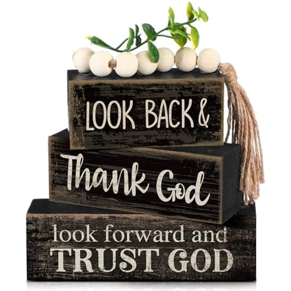 Moucuny 4 Pcs Farmhouse Table Decor Inspirational Wooden Signs Rustic Eucalyptus Leaves Wooden Block Sign Gift Thank and Trust God Farmhouse Table Centerpiece for Living Room Housewarming Gift - style: Black