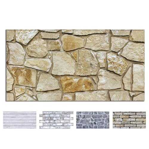 COMSTICKC 3D Faux Stone Wall Panels Peel and Stick, 12 Pcs 22.8" x 11.8", DIY UrltraLight PVC Fake Stone Textured Self Adhesive Wall Panels for Kitchen, Living Room Background, Covers 22.48 sq.ft - color: Brown Stone