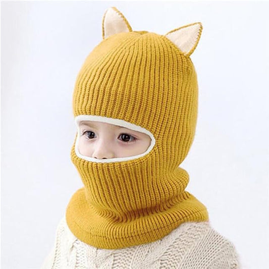 Kids Winter Plus Velvet Thickened face Protection Scarf Cute Beanie Cap Skull Caps Winter Soft Warm Knit Caps - color: Hat3-yellow