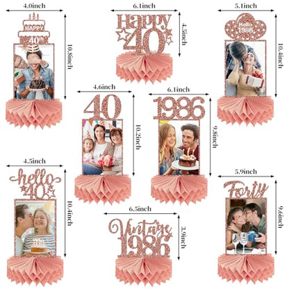 Guiruiy 8Pcs Happy 40th Birthday Decorations Honeycomb Centerpieces for Women, Pink Rose Gold Glitter Hello 1986 40 Birthday Photo Table Centerpieces Party Supplies, Pink Forty Bday Photo Table Topper - style: Rose Gold 40th