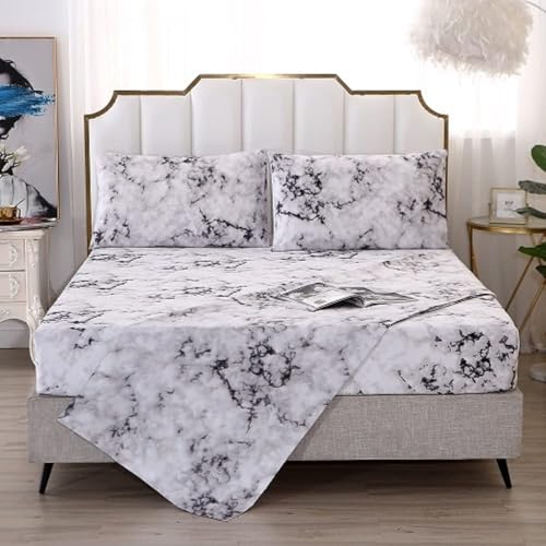 MAG Marble Bed Sheet,4PCS Black White and Gray Twin Size, Modern Pattern Printed Marble Bedding Sheet Set,with 1 Top Flat,1 Fitted Sheet and 2 Pillowcases,14” Deep - color: White-marble, size: Twin