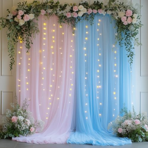 Pink and Blue Tulle Backdrop Curtain with Lights - 10x8ft Sheer Backdrop with 250 LEDs for Wedding, Baby Shower, Bridal Shower, Birthday Party Photo Shoot Background and Home Decorations - color: Pink and Blue, size: 10 x 8 Feet