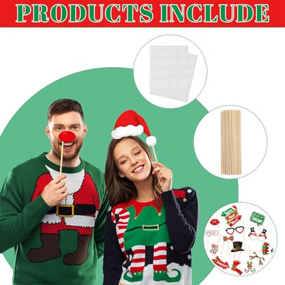 40Pcs Christmas Photo Booth Props, Christmas Party Favors, Fun Santa Gingerbread Snowman Holiday Prop for Photoshoot, Xmas Backdrop Accessories for Holiday Winter Party Supplies