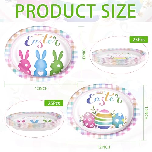 50 Pcs Easter Oval Paper Plates 10" x 12" Large Easter Bunny Egg Plates Heavy Duty Disposable Easter Rabbit Dinner Plates Colorful Plaid Platters for Spring Holiday Baby Shower Birthday Party Supplies - style: 50Pcs Easter Bunny Egg Oval Plates