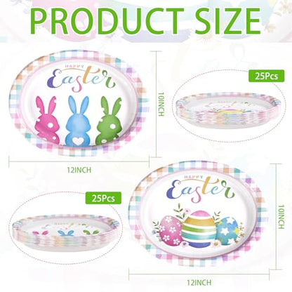 50 Pcs Easter Oval Paper Plates 10" x 12" Large Easter Bunny Egg Plates Heavy Duty Disposable Easter Rabbit Dinner Plates Colorful Plaid Platters for Spring Holiday Baby Shower Birthday Party Supplies - style: 50Pcs Easter Bunny Egg Oval Plates