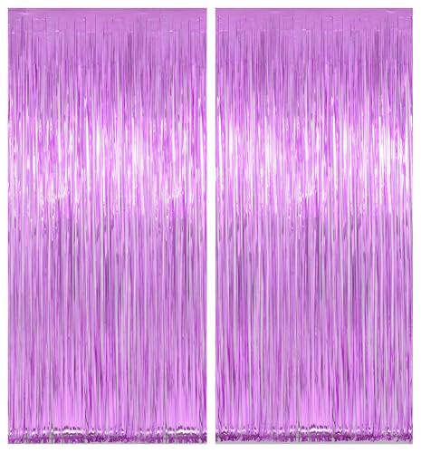 Melsan Light Purple Tinsel Curtain Backdrop, 3.28 x 8ft Metallic Foil Fringe Curtains with Adhesive + Extra Backup Tape, Shiny Party Background for Birthday, Photo Booth & Event Decor, 2 Pack - color: Light Purple