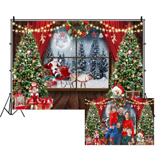 Renaiss 5x3ft Winter Christmas Backdrop Window Snow Forest Scene Wonderland Night Santa Claus Xmas Tree Gift Photography Background for Holiday Birthday Party Decor Booth Studio Props - color: christmas-b, size: 5x3ft
