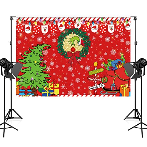 7x5ft Merry Grinchmas Backdrop Red Christmas Backdrop Xmas Tree Snow Winter Signpost Background for Christmas Family Party Photo Studio Prop - size: 7x5ft