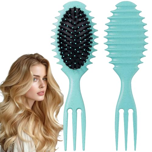 Curly Hair Boar Bristle Curl Defining Brush for Wave Straight Hair, Unique Trident Handle Design Defineing Brush for Wet Dry Hairs Styling Massage Hairbrush Hairs Pick Comb Green - color: curl brush-green-1pc