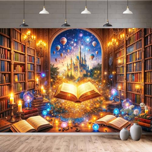 6X4ft Magic Library Castle Photography Backdrop, Fantasy Bookstore with Floating Books Hot Air Balloons Starry Sky, Enchanted Fairytale Decor for Book Lovers Reading Birthday Party Photo Booth - color: Multi8, size: 6x4ft