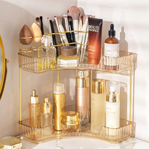 NATURE'S SOURCE Makeup Organizer for Vanity, 2-Tier Corner Bathroom Organizer Countertop with Makeup Brush Holder, Corner Counter Storage for Bathroom Dresser-Amber Gold - color: Amber Gold, size: 2-Tier