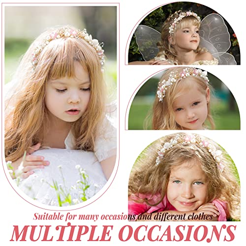 Retrowavy 2 Pcs Flower Girl Headpiece, Flower Girl Hair Accessories Rhinestone Crystal Princess Pearl Headband Bridal Hair Headband for Wedding First Communion(Pink) - color: Pink