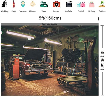 Old Garage Backdrops for Photography, 5x3FT Car Repair Backgrounds, Themed Party Portrait Photo Shooting Props MBMYLU1 - size: polyester-5x3ft