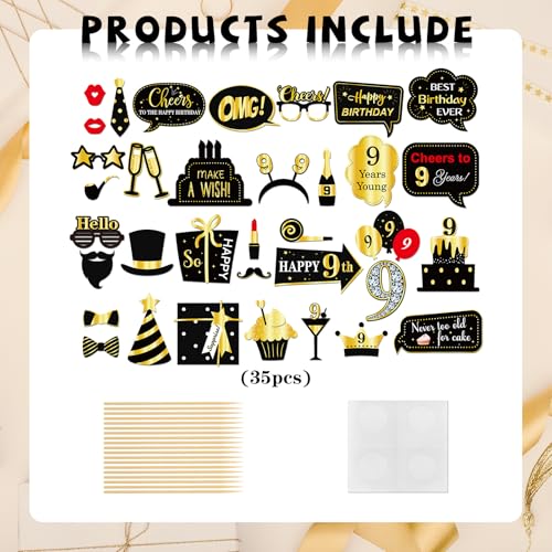 INNORU 9th Birthday Photo Booth Props, Kids Birthday Photoshoot Funny Birthday Party Photography Props Favor Nine Years Old Centerpiece Sticks Decorations Black & Gold 35 PCS - size: 9