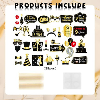 INNORU 9th Birthday Photo Booth Props, Kids Birthday Photoshoot Funny Birthday Party Photography Props Favor Nine Years Old Centerpiece Sticks Decorations Black & Gold 35 PCS - size: 9