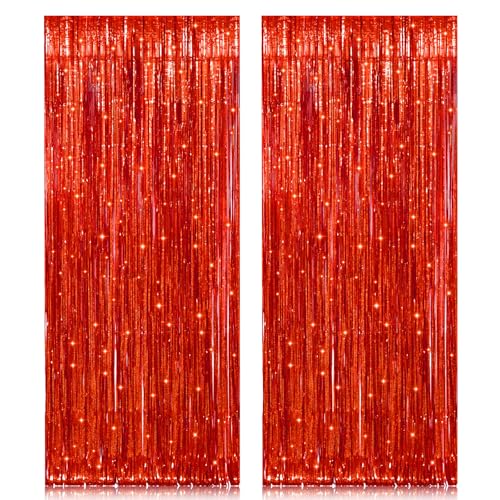 2 Pack 3.2ft x 8.2ft Red Foil Fringe Curtain, Glitter Metallic Tinsel Foil Fringe Curtains Photo Booth Backdrop Tinsel Door Curtains for Wedding Bridal Shower Bachelorette Christmas Party Decorations - color: Red