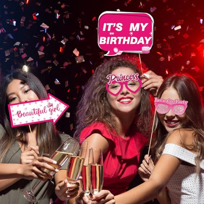 30Pcs Pink Girl Birthday Photo Booth Props with Sticks,Hot Pink Girls Birthday Party Decoration Supplies for Girls Women Disco Night Bachelorette Party Photo Booth Props