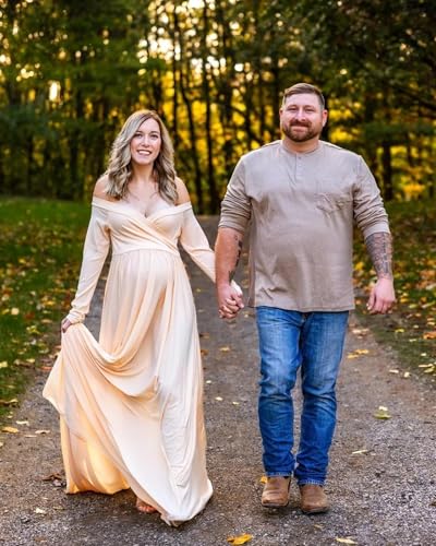 Saslax Maternity Off Shoulders Half Circle Gown for Baby Shower Photo Props Dress - color: Champagne, size: Small