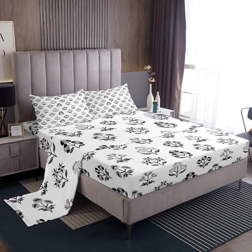 Castle Fairy Vintage Floral Fitted Sheet Set King Size 4 Pcs,Rustic Flowers Bed Sheet Sets for Adults Youth Bedroom Decor,Aesthetic Flower Country Decor Bedding Set with 1 Flat Sheet 2 Pillowcases - color: Beige Black, size: KING(W78*L80*H16")