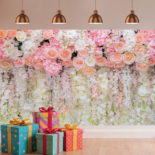 5x4ft Pink Rose Flower Wedding Photography Backdrop Spring Floral Photography Backdrop Valentine's Day Mother's Day Girl Birthday Baby Shower Wedding Bridal Party Banner Photo Booth Props Background - color: Multi9, size: 5X4FT