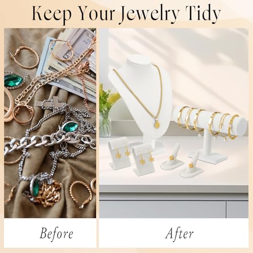 Wenqik Velvet Jewelry Display Set Necklace Mannequin Bust T-Bar Bracelet Holder 2 Earring Stands 2 Ring Holders for Showcase (White) - color: White
