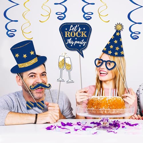 36 PCS Photo Booth Props Party Supplies Holiday Picture Decorations Blue Paper Photo Props for Birthday Party Favors Pose Sign Kit Fun - color: Gold and Blue